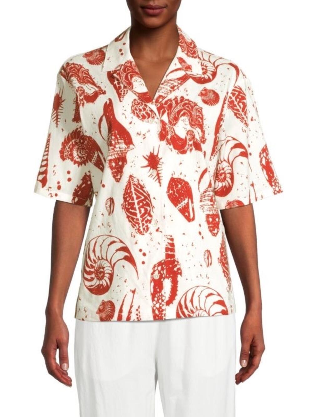 Rebecca Taylor Sea Shore Cabana Red White Seashell Print Linen Shirt Size Large